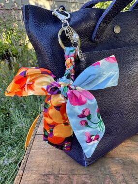 Satin Orange Pink Blue Floral Print Bow Bag Charm Floral Purse Charm